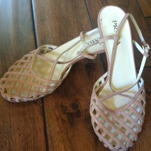 Prada Lattice Style Tan Leather Kitten Heels